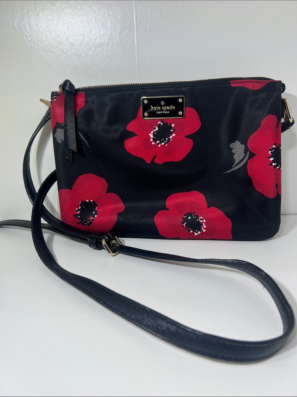 Kate Spade Black Crossbody Bag with Red Floral Print